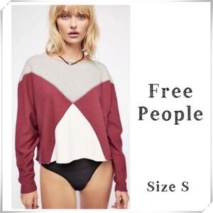 FREE People Oversized Color Block Pullover Jersey Sweatshirt Burgundy /White New